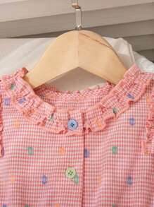 女童格纹彩色镂空荷叶边领荷叶边袖口韩版无袖公主 A 字裙，夏季