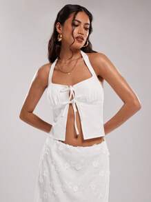 SHEIN BAE Women Elegant Summer White Seksi Chic Vacation Casual Solid Color Tie Front Camisole, Comfortable Top For Wedding,Brunch,Graduation & Parties - White - View 3