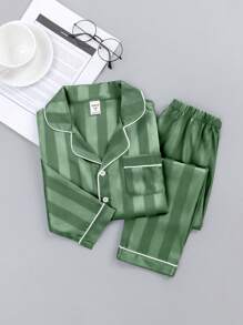 Young Boy Jacquard Stripe Long Sleeve Top And Pants Pajama Set For Autumn Pajama Sets Satain Stripe Pajamas Sets  Boys Shirt And Pants Sets Young Boys Clothing Pajamas Boys Shirt Sets Young Boys Casual Sets Young Boys Clothing 4t - Army Green - View 1