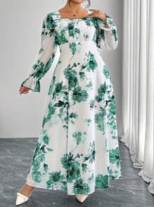 Modelyn 大码女式方领灯笼袖雪纺花卉印花修身开衩下摆优雅浪漫连衣裙 - 彩色 - 查看 4