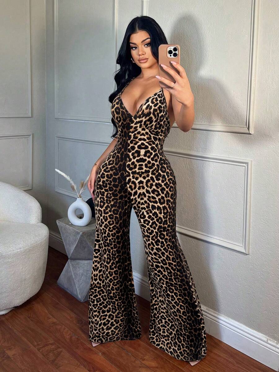 SHEIN SXY Women's Leopard Print Deep V Backless Spaghetti Strap Jumpsuit Cheetah Print Animal Print