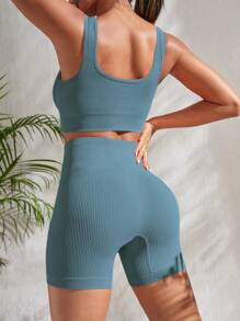 Seamluxe SHEIN Sport 2pcs Seamless Yoga Set Sports Suit Ribbed Knit Tank Wide Waistband Tummy Control Shorts Workout Women Set Gym Women Outfit