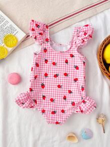 1pc Girls' Strawberry Gingham Print Ruffle Trim One-Piece Swimsuit - Pink - View 2
