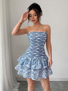 Elenzga Women's All-Over Print Layered Ruffle Hem Sleeveless Mini Dress - Blue and White - View 8