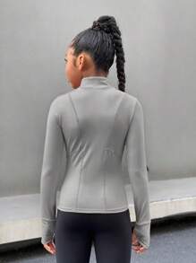 SHEIN Tween 女童休闲纯色修身长袖针织运动休闲夹克 - 灰色 - 查看 2