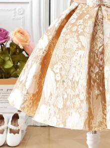 少女提花圆领短袖优雅时尚派对连衣裙 - 卡其色 - 查看 4