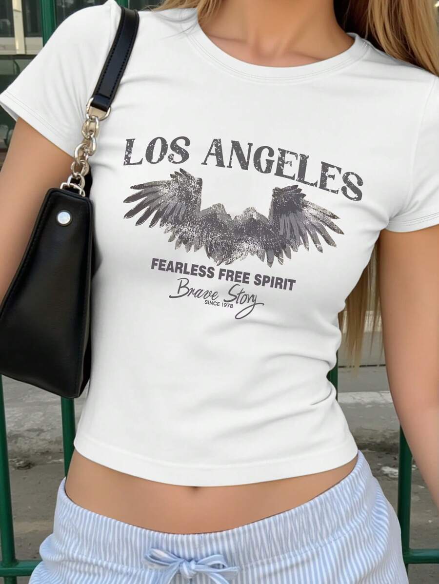 Tween Girls' Vintage Eagle Wing Graphic Print Casual Short T-Shirt, Comfortable And Stylish For Summer - White - View 1