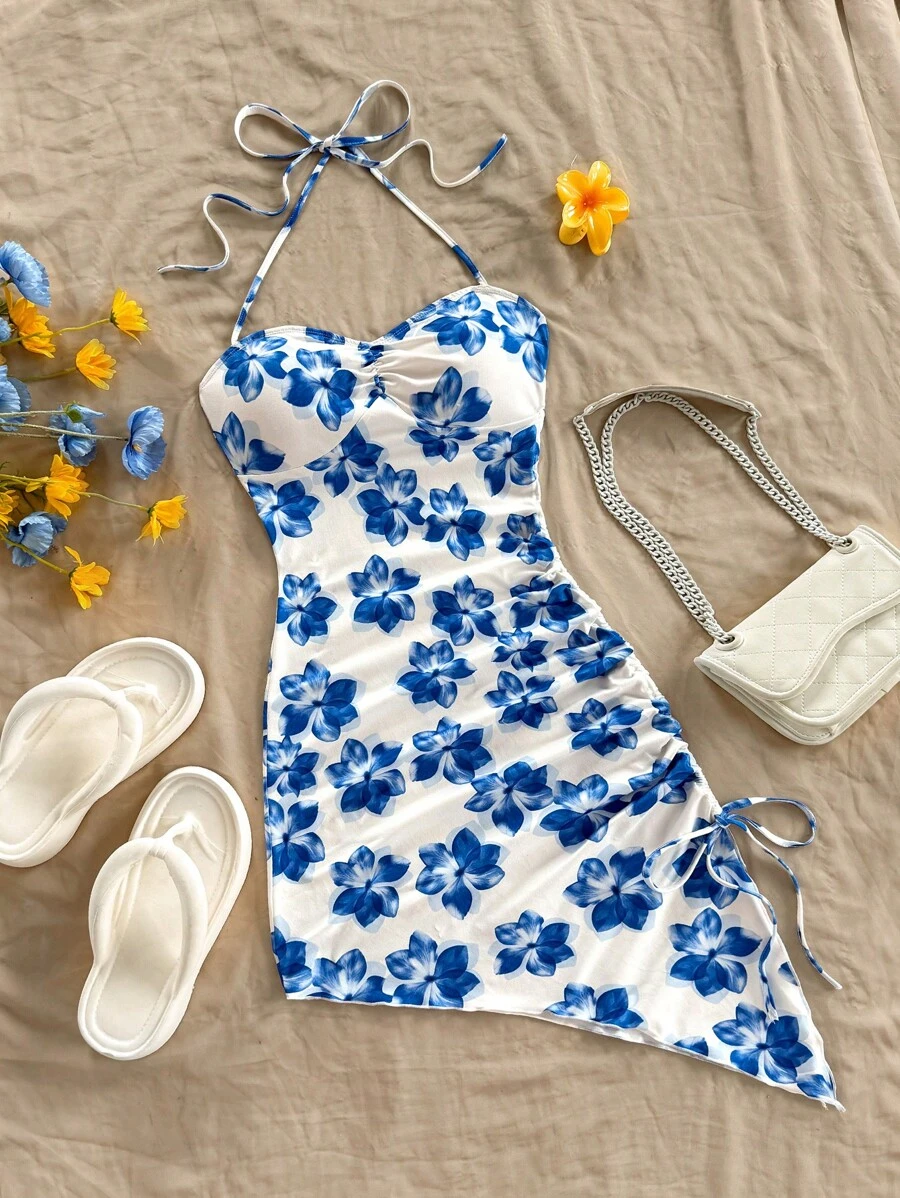 Soleia 女士度假风格白底蓝花浪漫印花不对称下摆挂脖蝴蝶结修身紧身连衣裙，时尚秋冬分层单品 - 藍白色 - 查看 1