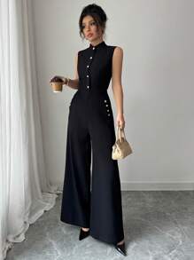 Elenzga Solid Coloured Stand Collar Button Decor Sleeveless Elegant Women Jumpsuit - Black - View 4