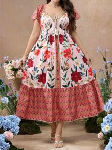 Flirla Simple Casual Vintage Positioning Print Cinched Waist Loose Fit Cap Sleeve A-Line Dress, Bohemian Dress For Beach Vacation