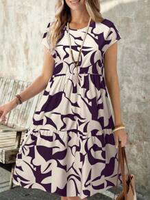 EMERY ROSE Women's Casual Geometric Print Short Sleeve Round Neck Mini Dress, Spring/Summer,Bohemia - Purple - View 7