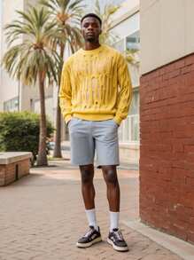 Manfinity CasualKnits Men's Solid Color Crew Neck Long Sleeve Distressed Sweater, Autumn/Winter Distressed Sweater Men - Yellow - View 1