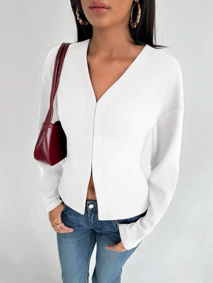Aloruh Camisa de punto burdeos de manga larga con cuello en V y manga raglán al estilo francés vintage para mujer