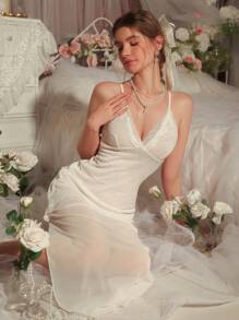 DelicateAllure Spaghetti Strap Mesh & Contrast Lace Sexy Women Nightgown, Holiday Season - White - View 1