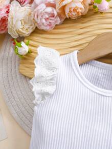 Baby Girl Casual Simple Versatile White Hollow Embroidery Patchwork Ribbed Knit Blouse Top, Spring/Summer - White - View 3