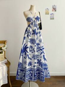 Soleia Women's Vacation Blue Palm Tree Parrot Tropical Print Long Tie-Neck Dress, Blue & White,Summer Dresses For Women - Blue and White - View 3