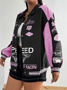 POPSWAY 大码女式炫酷粉色拼布夹克 - 珊瑚粉 - 查看 6