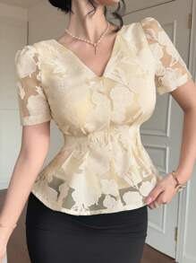 DAZY Blusa elegante de mujer con cuello en V de encaje y mangas abombadas