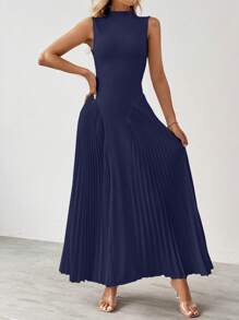 SHEIN Tall 女士优雅褶皱紧身 A 字形连衣裙 - 藏蓝色 - 查看 4