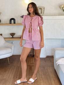 Cloudara Ensemble 2 pièces pour femme, chemise et short assortis, rayures, look décontracté d'été et de printemps, vacances, tissé