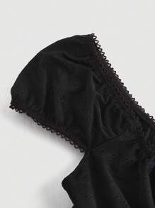 SHEIN MOD 褶皱细节白色短袖收腰 T 恤 - 黑色 - 查看 3