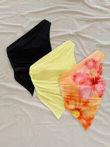 Soleia 3pcs Orange Tropical Floral Print On Yellow Base, Solid Black And Light Yellow Assorted Asymmetric Shoulder Hem Blouse For Women, Suitable For Summer And Beach-Style,Rave Top Suitable For Going Out