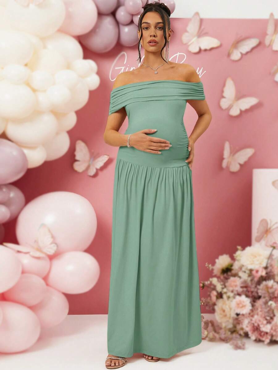 Loomaby 孕妇露肩优雅孕妇装、婴儿洗礼/性别揭示/情人节派对礼服 - 薄荷綠 - 查看 1