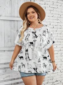 SHEIN CURVE+ Plus Size Dog & Bat Print Relaxed Casual Shirt For Vacation