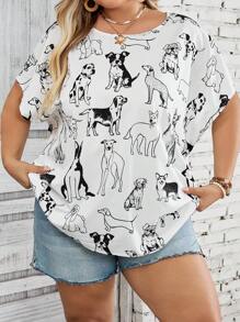 SHEIN CURVE+ Plus Size Dog & Bat Print Relaxed Casual Shirt For Vacation