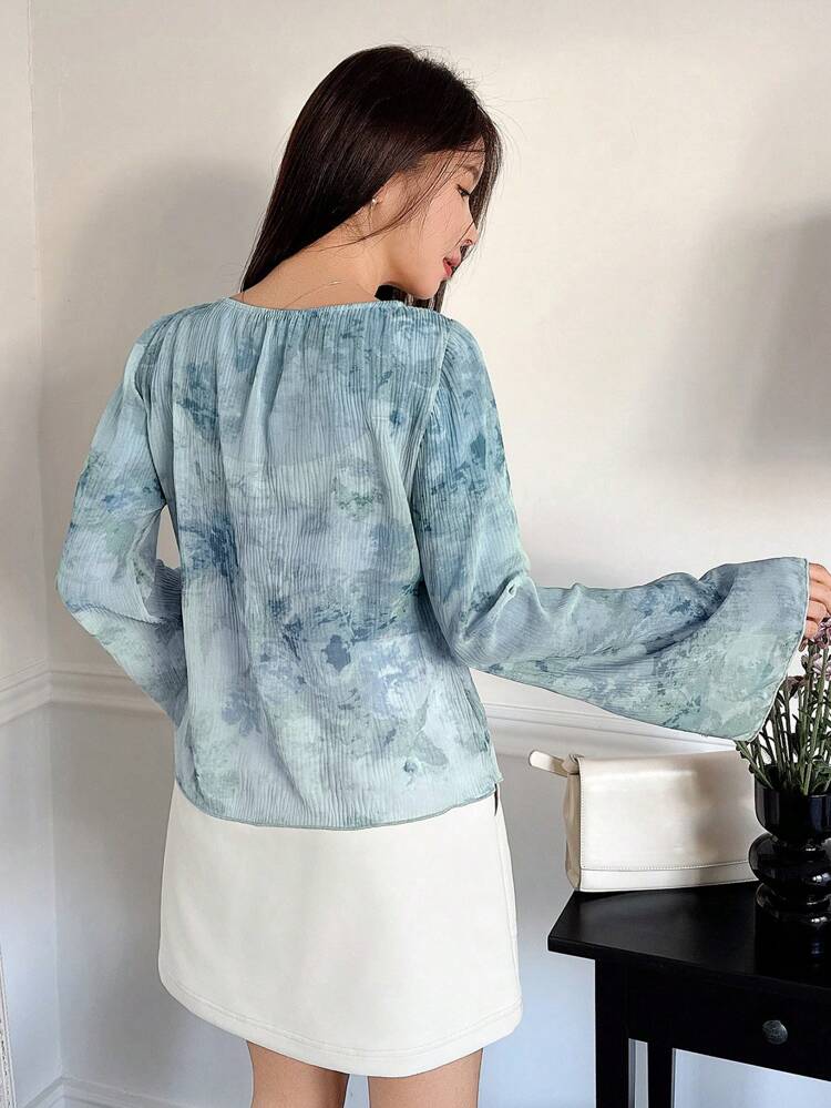 Textured Fabric Allover Floral Print Flare Sleeve Casual Vacation Blouse For Women, Spring/Summer Sheer Long Sleeve Top Easter