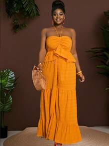 Slaydiva Plus Size Women Textured Flared Leg Jumpsuit For Vacation - Yellow - View 1