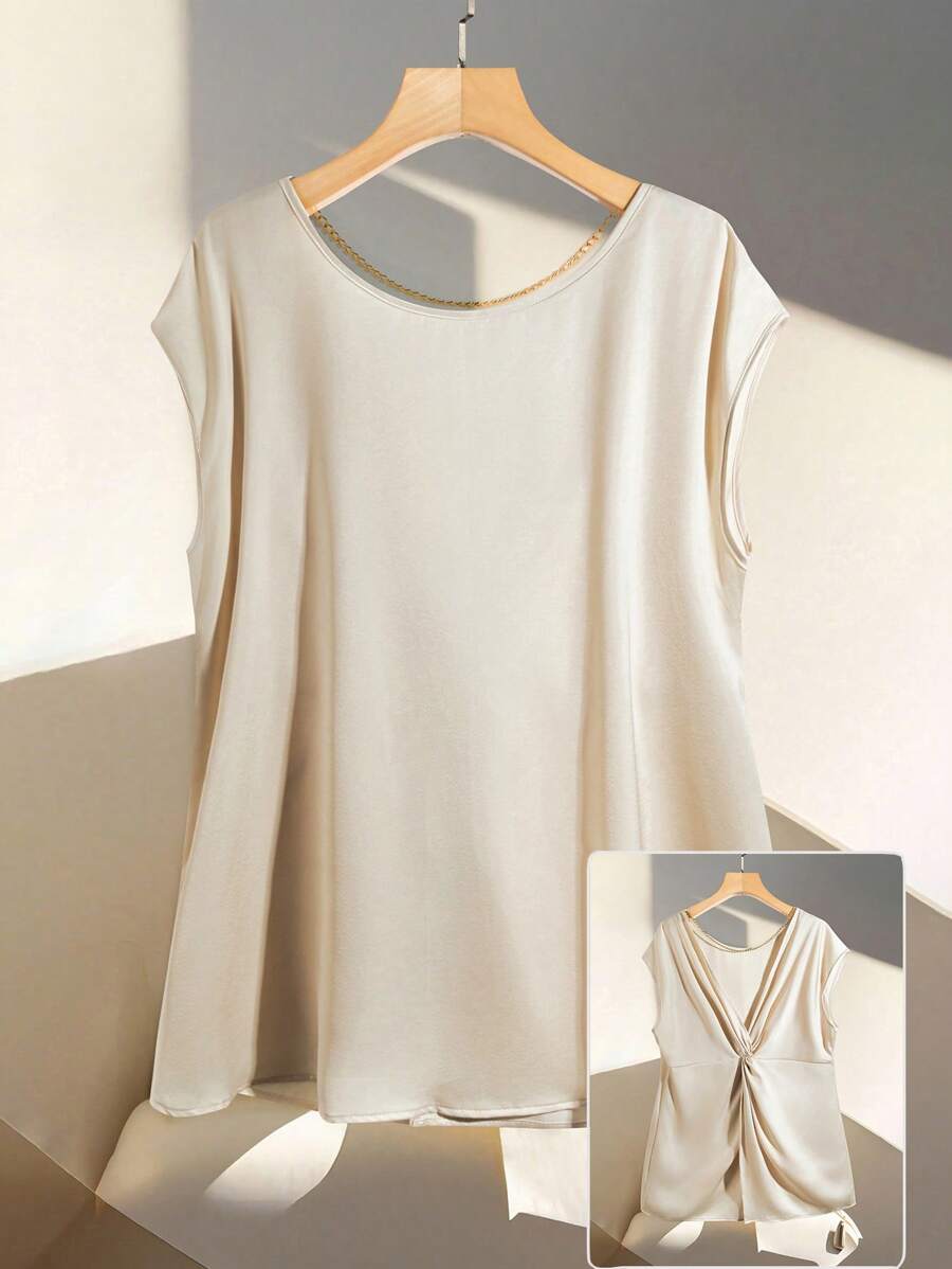 SHEIN Unity Áo cánh rộng rãi cổ tròn màu trơn cỡ lớn cho nữ - Màu be - Xem 1
