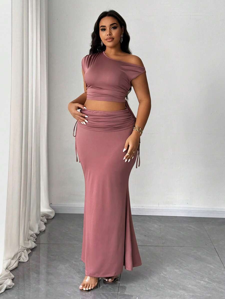 SHEIN Unity Plus Size Women 2pcs Set Asymmetric Collar Cropped Top And Long Skirt - Rusty Rose - View 1