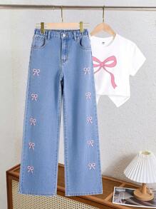 Tween Girl 休闲牛仔裤，时尚蝴蝶刺绣设计，百搭，直腿喇叭裤，不含上衣 - 中等水洗藍 - 查看 3