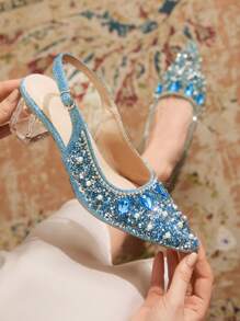 CUCCOO TILAWA Women's Crystal Chunky Heel Rhinestone Mesh Flat Shoes, Suitable For Outing, Party And Other Events For Christmas - Blue - View 6