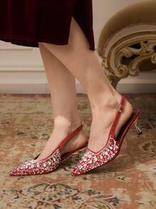 CUCCOO TILAWA Women's Pointed Toe Rhinestone High Heels Burgundy Closed Toe Party Pumps - Burgundy - View 12