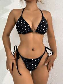 SHEIN Swim Conjunto de bikini con cordón y estampado de puntos blancos sobre fondo negro elegante y de estilo resort, para mujer, para el verano
