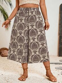 SHEIN VCAY Pantalones capri de pierna ancha con estampado floral de talla grande, simples y elegantes, adecuados para el verano - Café integral - Ver 3