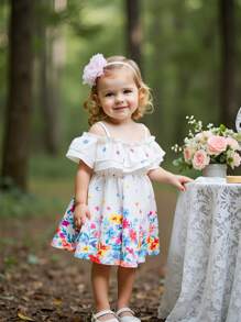 SHEIN Toddler Girls Floral Print Off Shoulder Ruffle Hem Spaghetti Strap Dress, Spring & Summer Spring Dresses For Baby Girls Baby Spring Dress Baby Dresses Fashionable