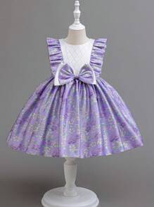 Glamorique Kids 年轻女孩花卉印花拼布连衣裙，配蝴蝶结装饰和荷叶边下摆 - 紫色 - 查看 4