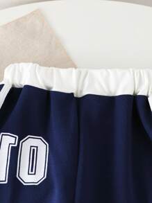 SHEIN Young Girls' Activewear: Comfortable Navy Blue Polyester Long Pants With Stylish White Side Stripes - Blue - View 4