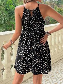 SHEIN 孕妇装女式束腰碎花无袖细肩带节日连衣裙 - 黑色 - 查看 2