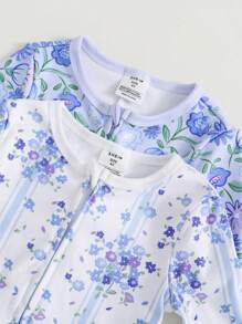 2 件装少女简约花卉印花白色和蓝色拉链连体衣睡衣套装，柔软舒适，适合居家和睡衣 - 淺藍色 - 查看 7