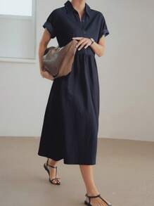 Dazy-Less Robe d'été mi-longue décontractée en lin à manches courtes, taille cintrée, couleur unie, style "Old Money", robe chemise décontractée pour femmes, tenue de professeur - Bleu marine - Voir 2