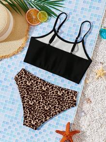 Conjunto de traje de baño con top tipo camiseta de ajuste ceñido y Bottom triangular con diseño de lazo y estampado de leopardo vintage, apropiado para el verano, para niñas jóvenes - Multicolor - Ver 2