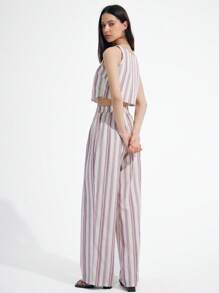 SHEIN Unity 2pcs Women Cartoon Line Plaid Short Sleeveless Top And Elastic Waist Striped Straight Leg Casual Pants Set - Red - View 3
