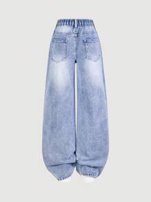 Tween Girl' Fashionable Casual Rhinestone Washed Denim Straight Leg Jeans - Medium Wash - View 2