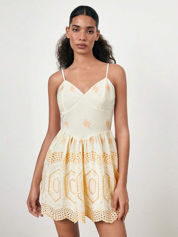 SHEIN Maija Beige Embroidered Camisole A-Line Boho Style Casual Mini Dress For Women, Comfortable & Soft