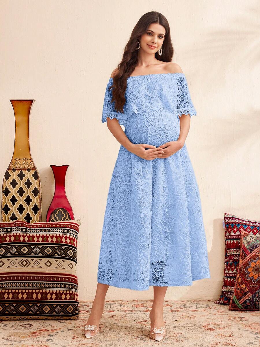 Vestido de maternidad elegante de unicolor con hombros descubiertos y encaje, para verano - Azul - Ver 1