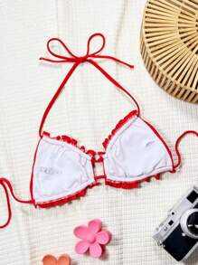 Swim SXY Ruffled Edge Simple Solid Color Bikini Top, Fashionable For Summer - Red - View 2